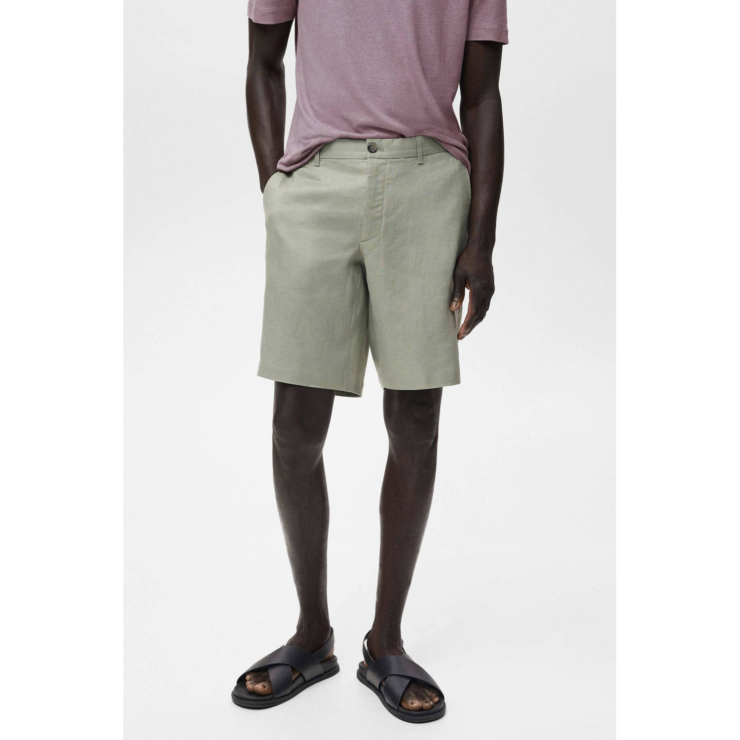 Mango Man linnen regular bermuda short groen