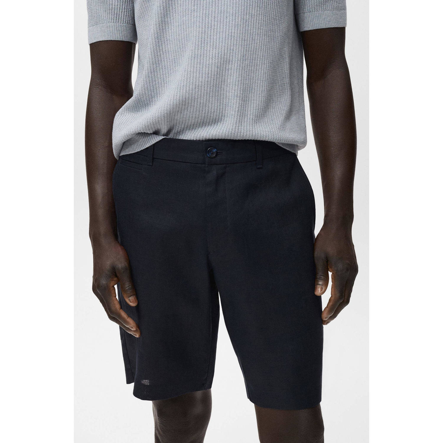 Mango Man linnen regular bermuda short donkerblauw