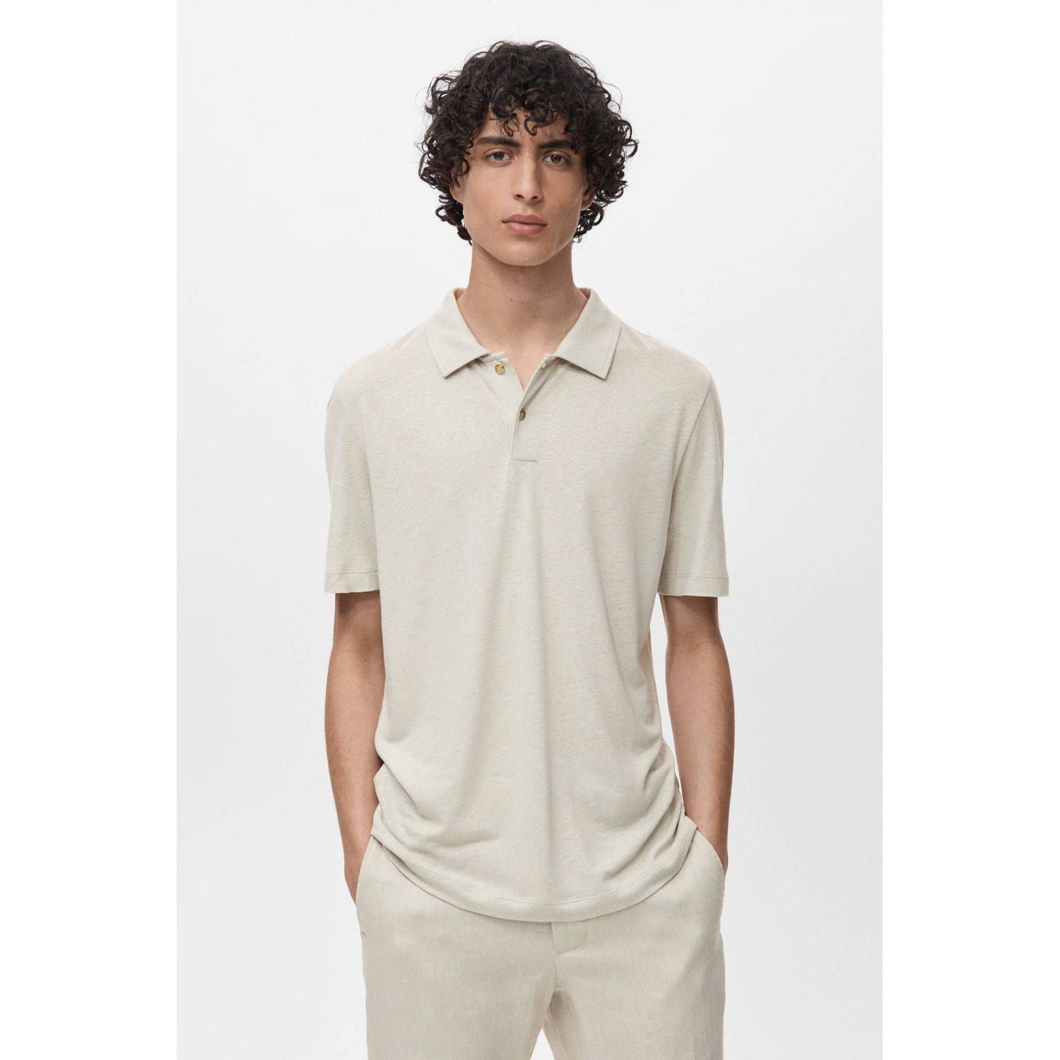 Mango Man linnen slim polo ecru