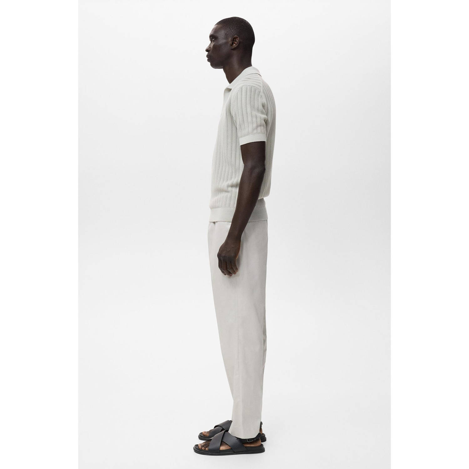 Mango Man regular polo met ingebreid patroon lichtgrijs