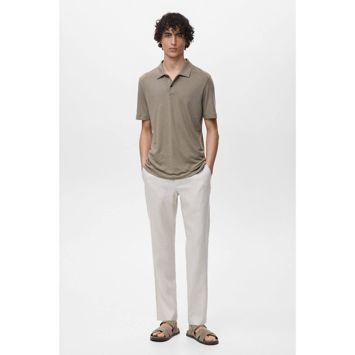 Mango Man linnen slim polo bruin