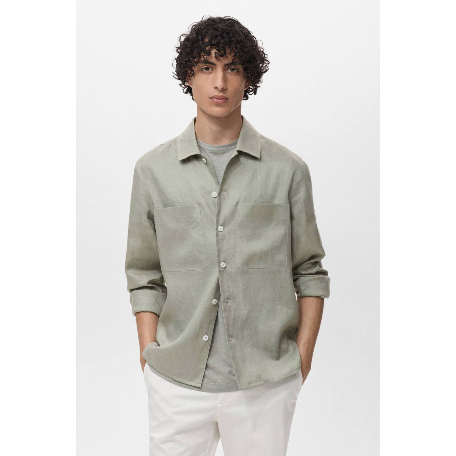 Mango Man linnen overshirt grijsgroen