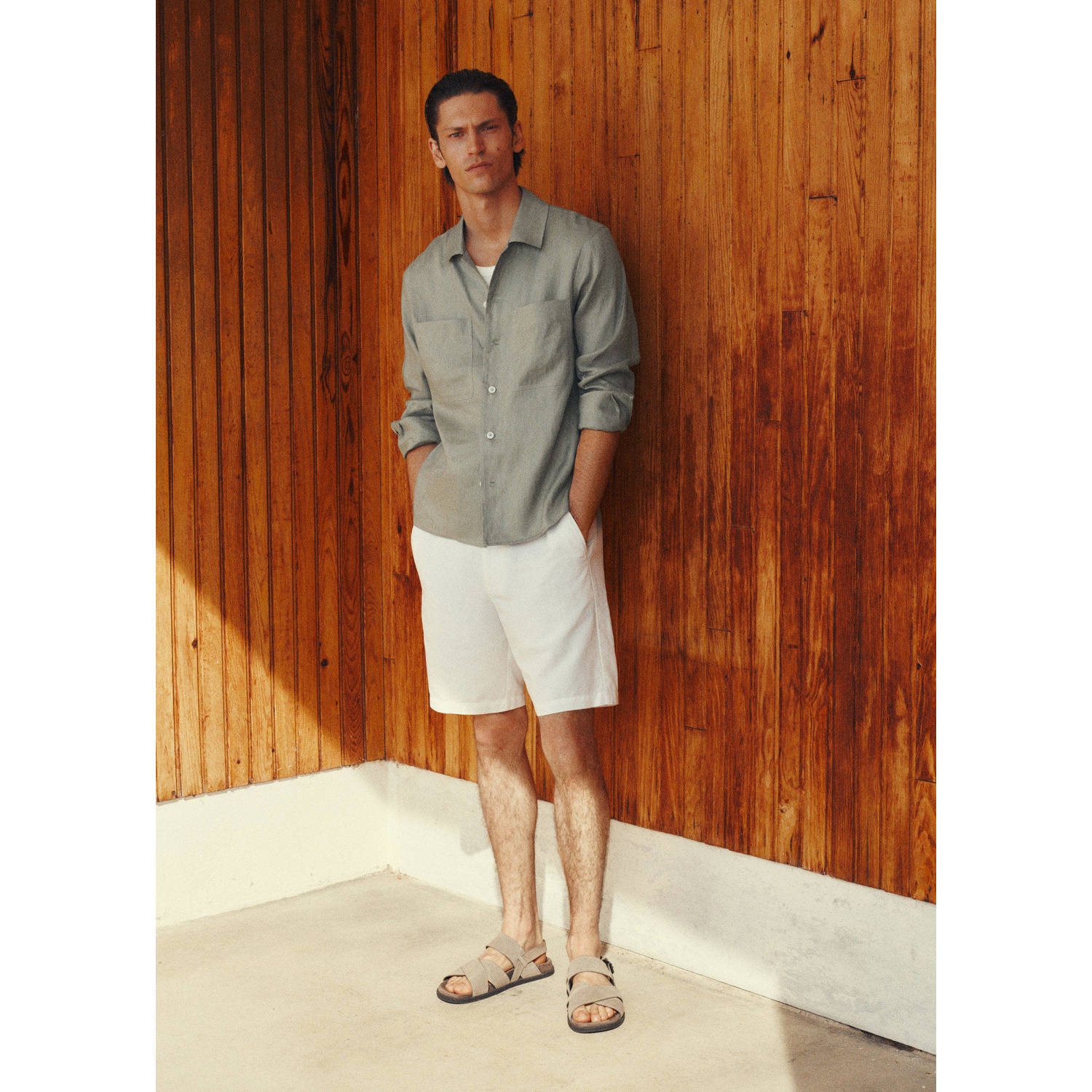 Mango Man linnen overshirt grijsgroen