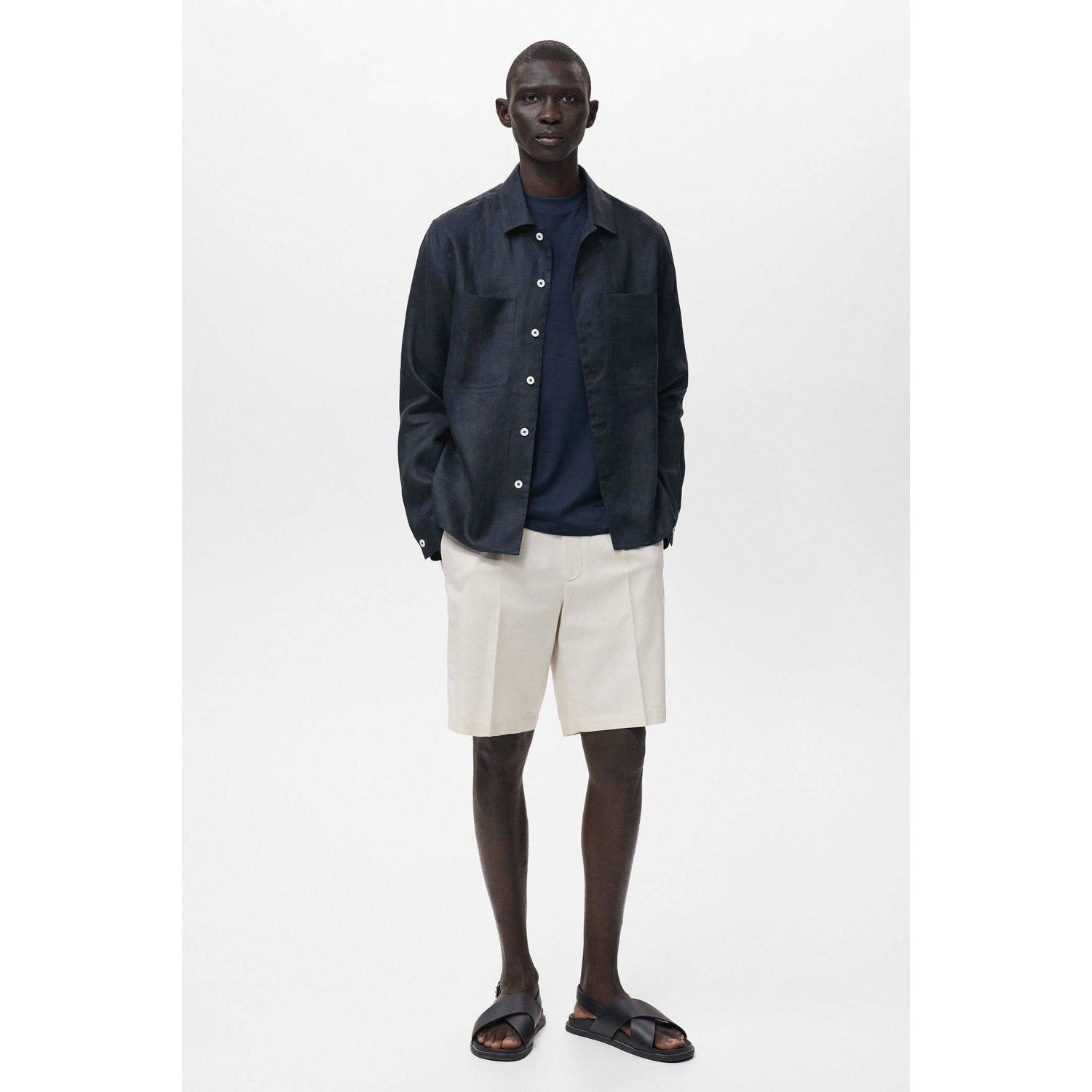 Mango Man linnen overshirt donkerblauw
