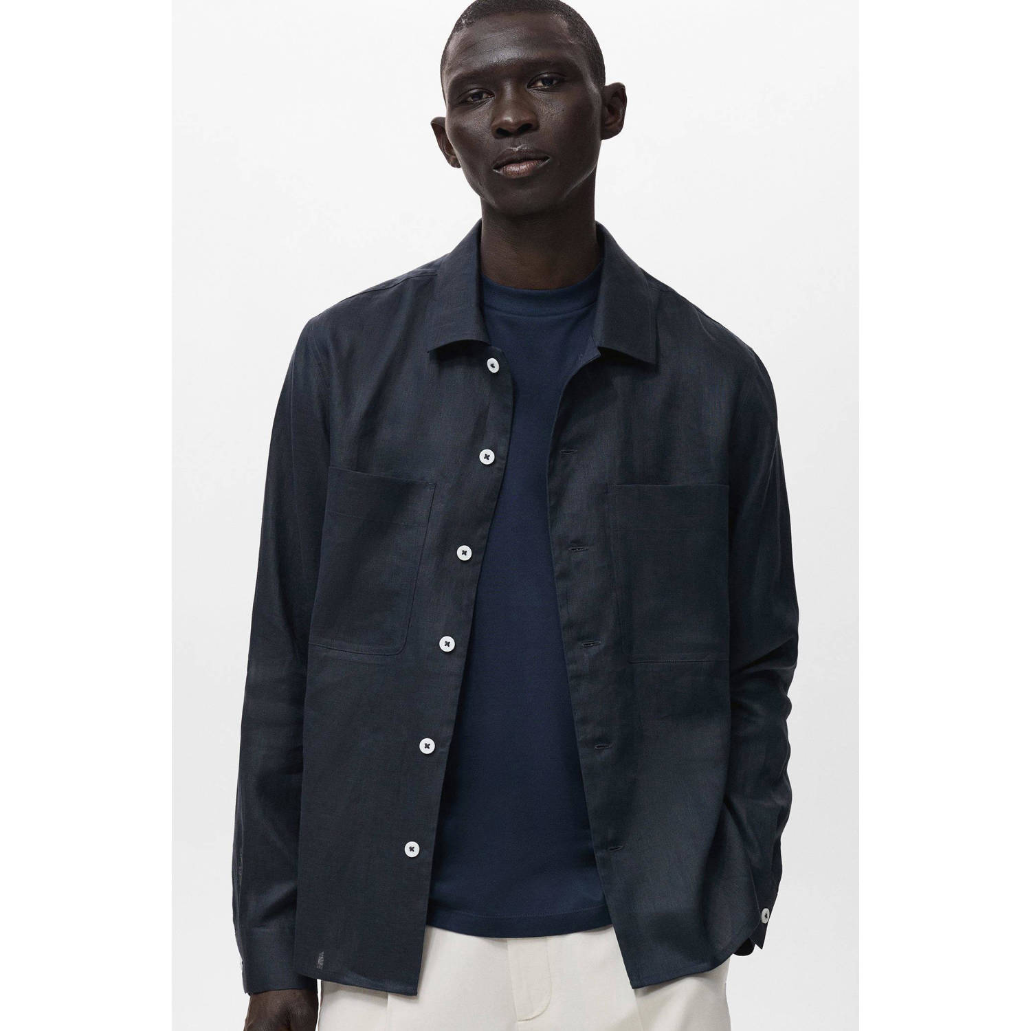 Mango Man linnen overshirt donkerblauw