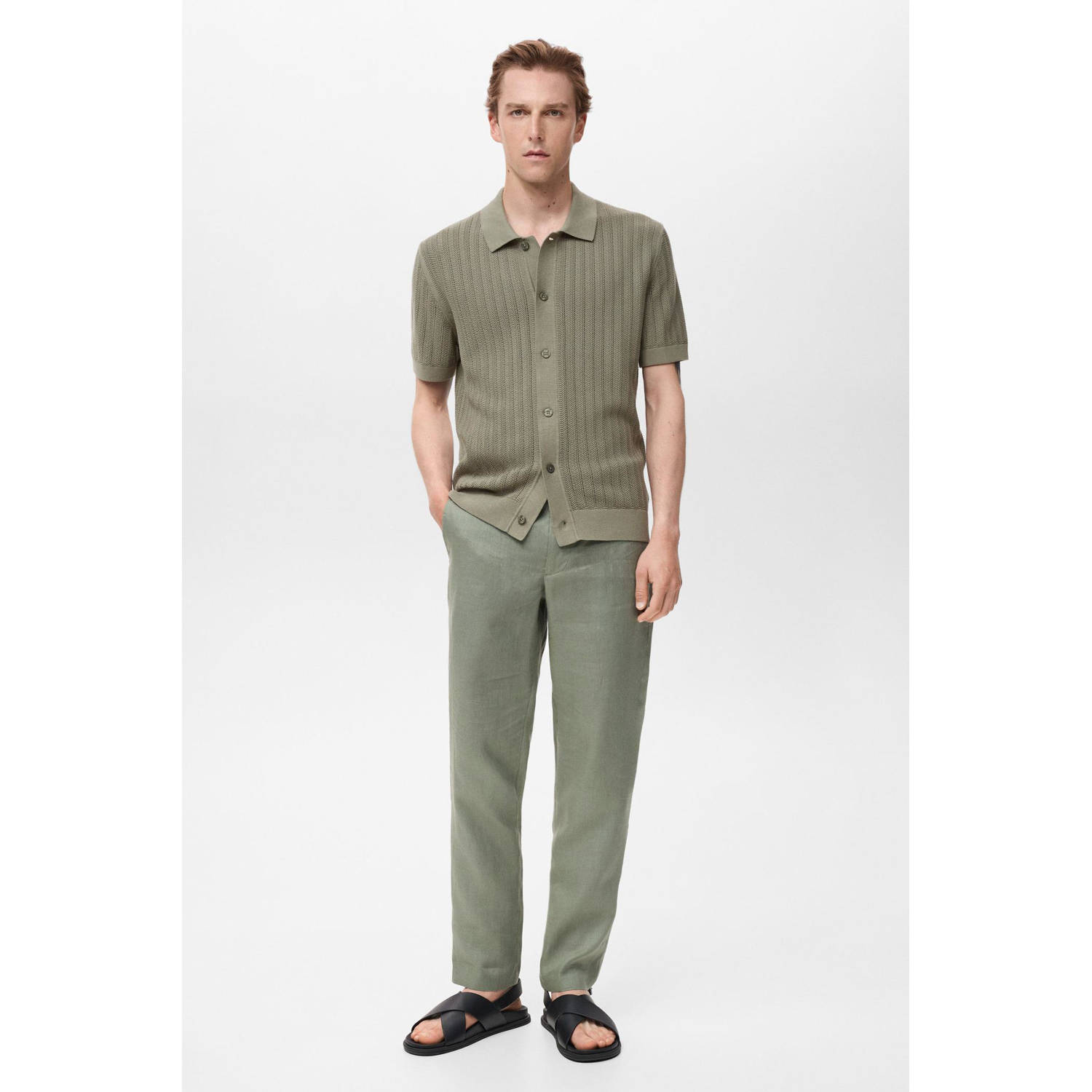 Mango Man casual overhemd met ingebreid patroon groen