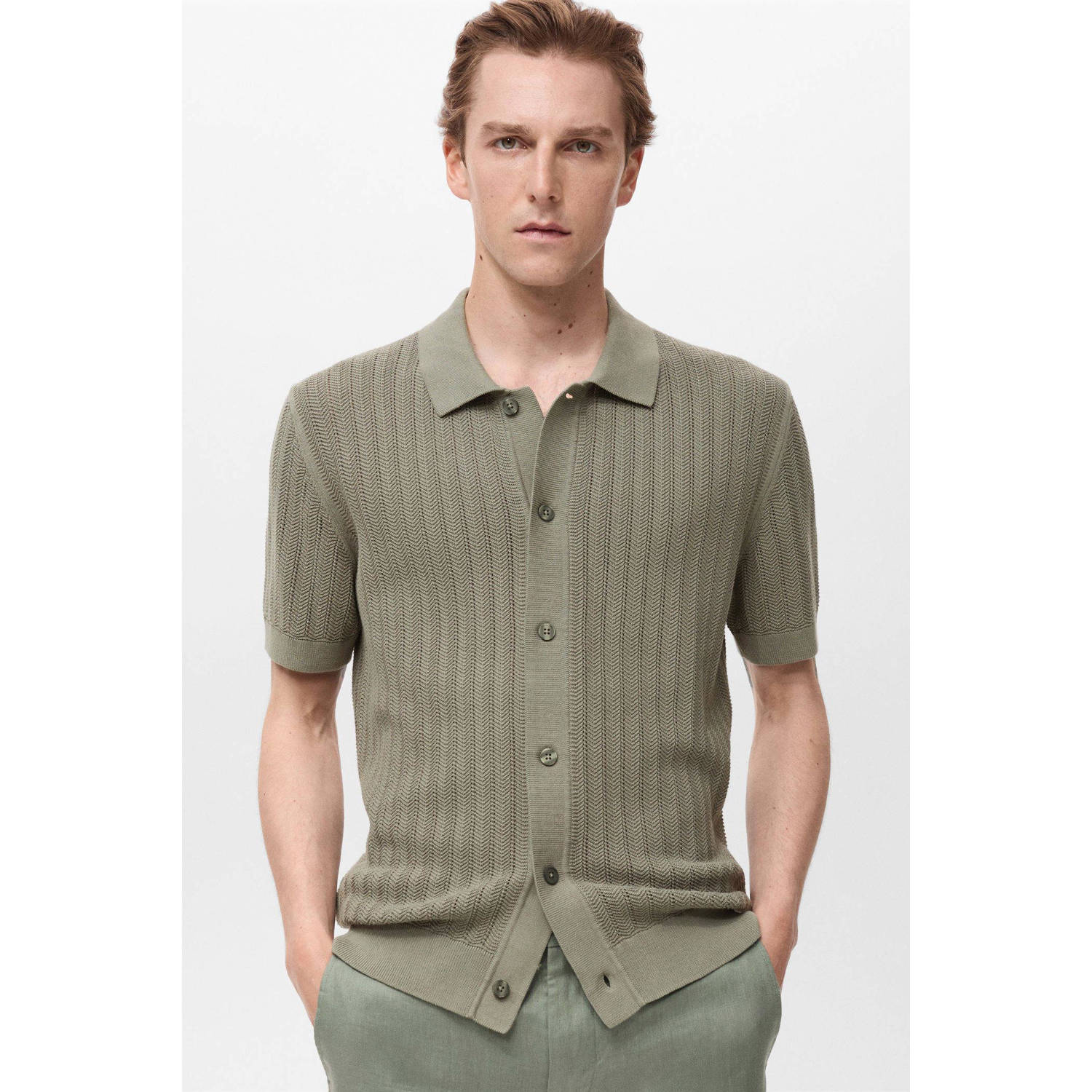 Mango Man casual overhemd met ingebreid patroon groen