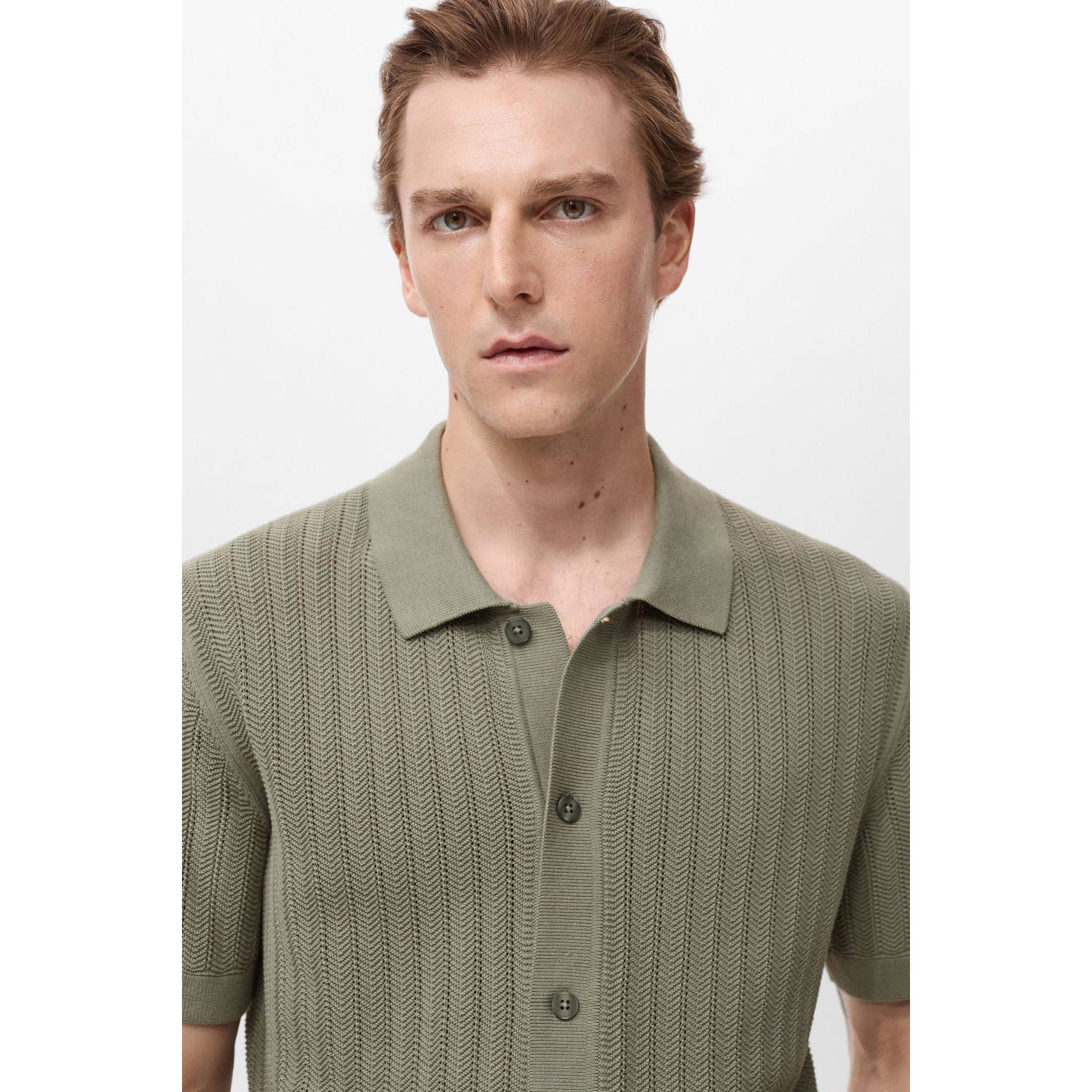 Mango Man casual overhemd met ingebreid patroon groen