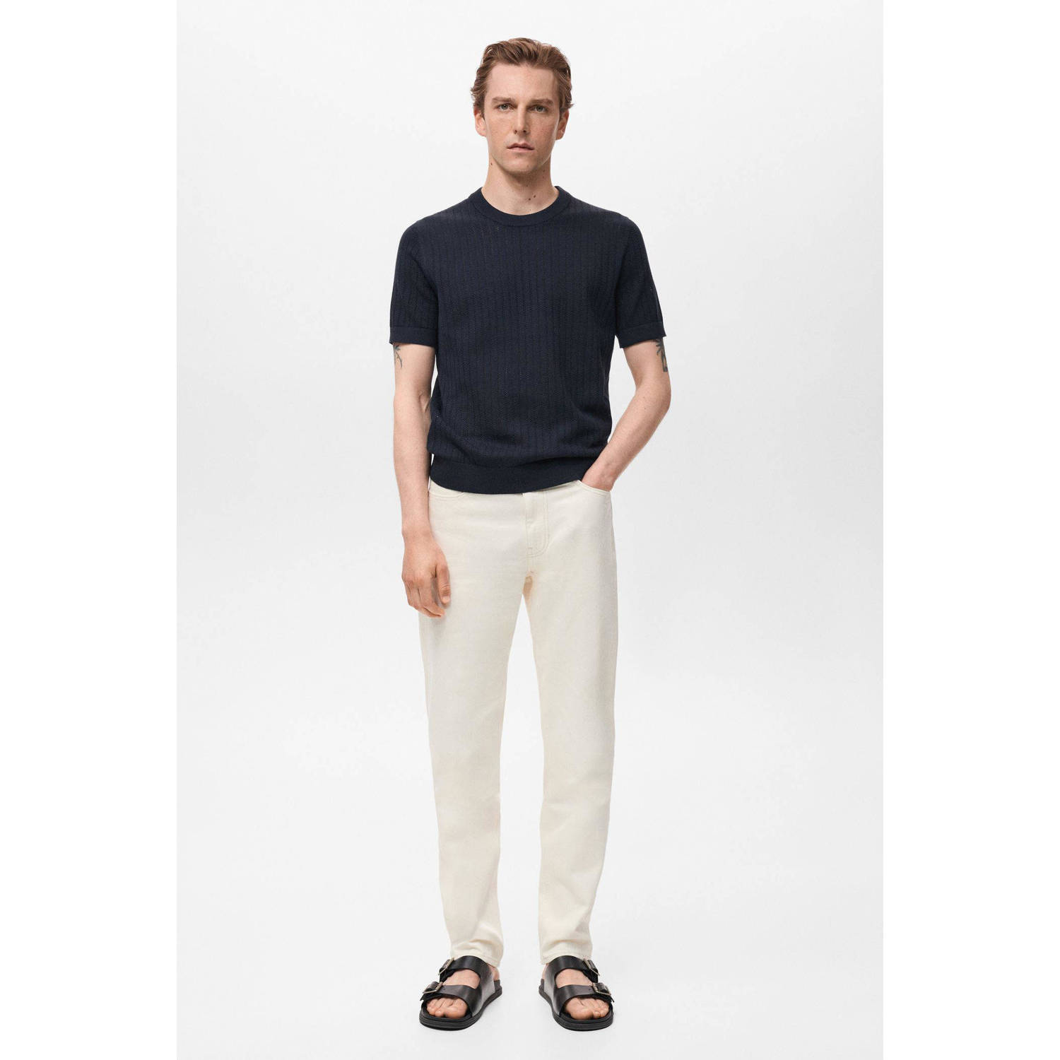 Mango Man T-shirt met ingebreid patroon donkerblauw