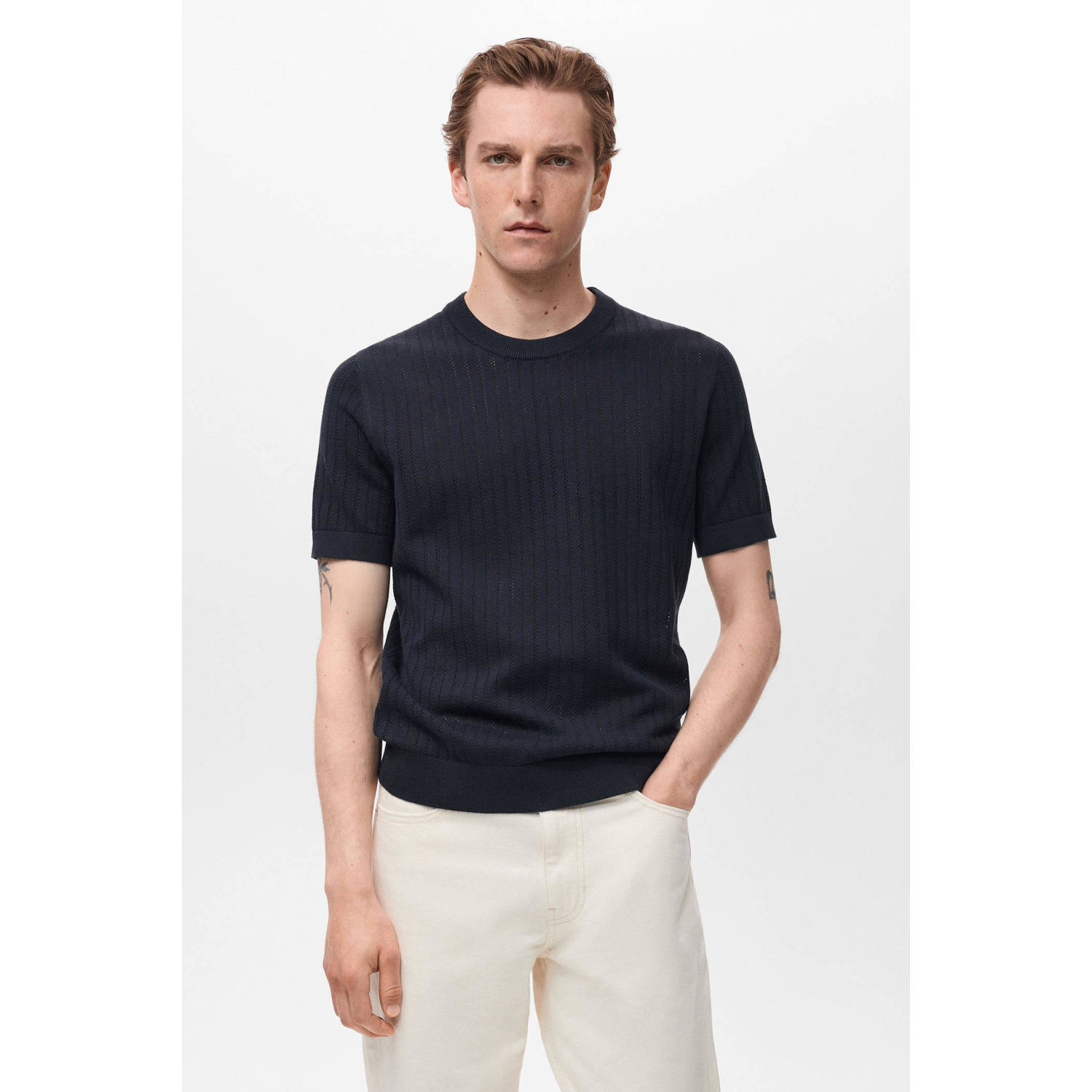 Mango Man T-shirt met ingebreid patroon donkerblauw