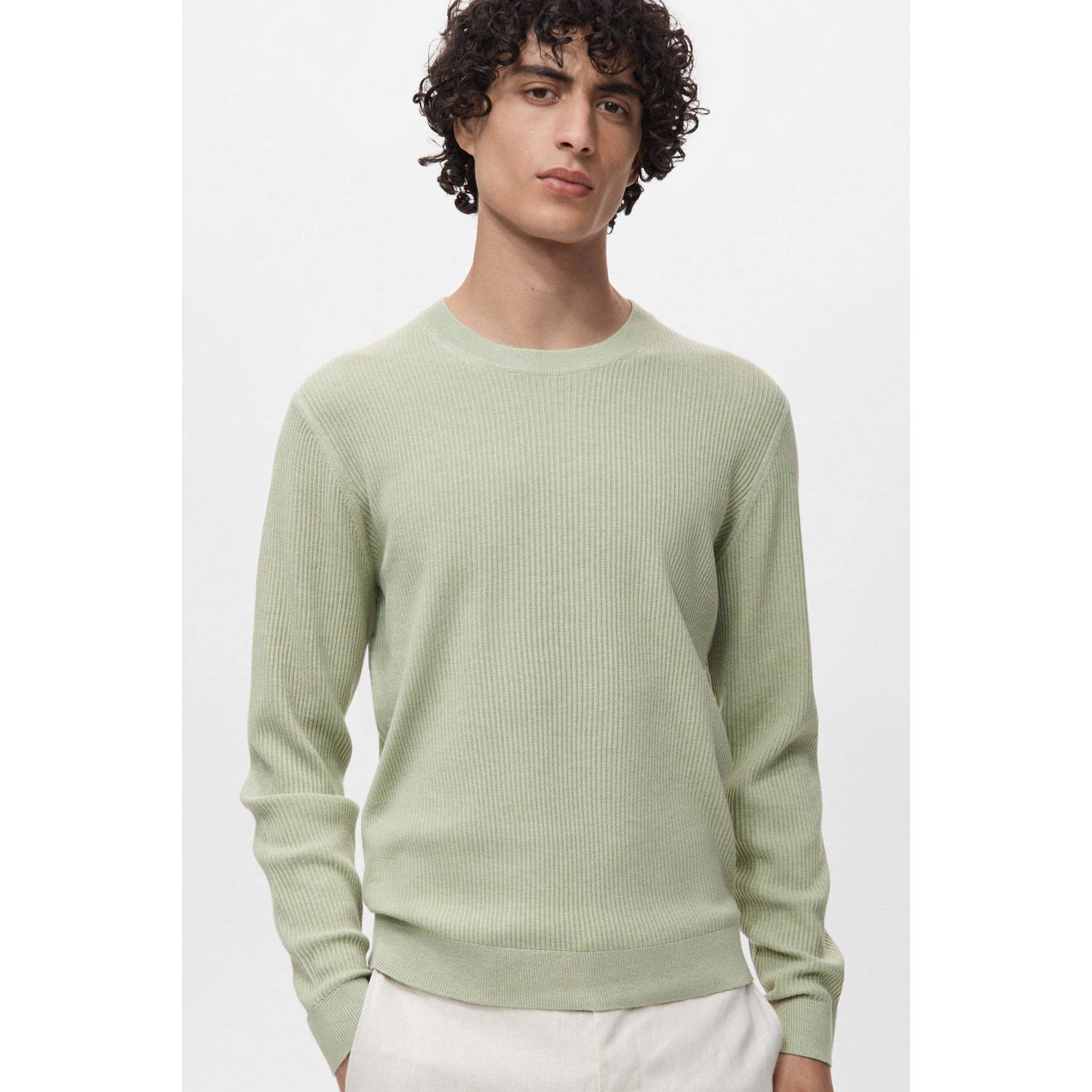 Mango Man pullover trui rib gebreid lichtgroen