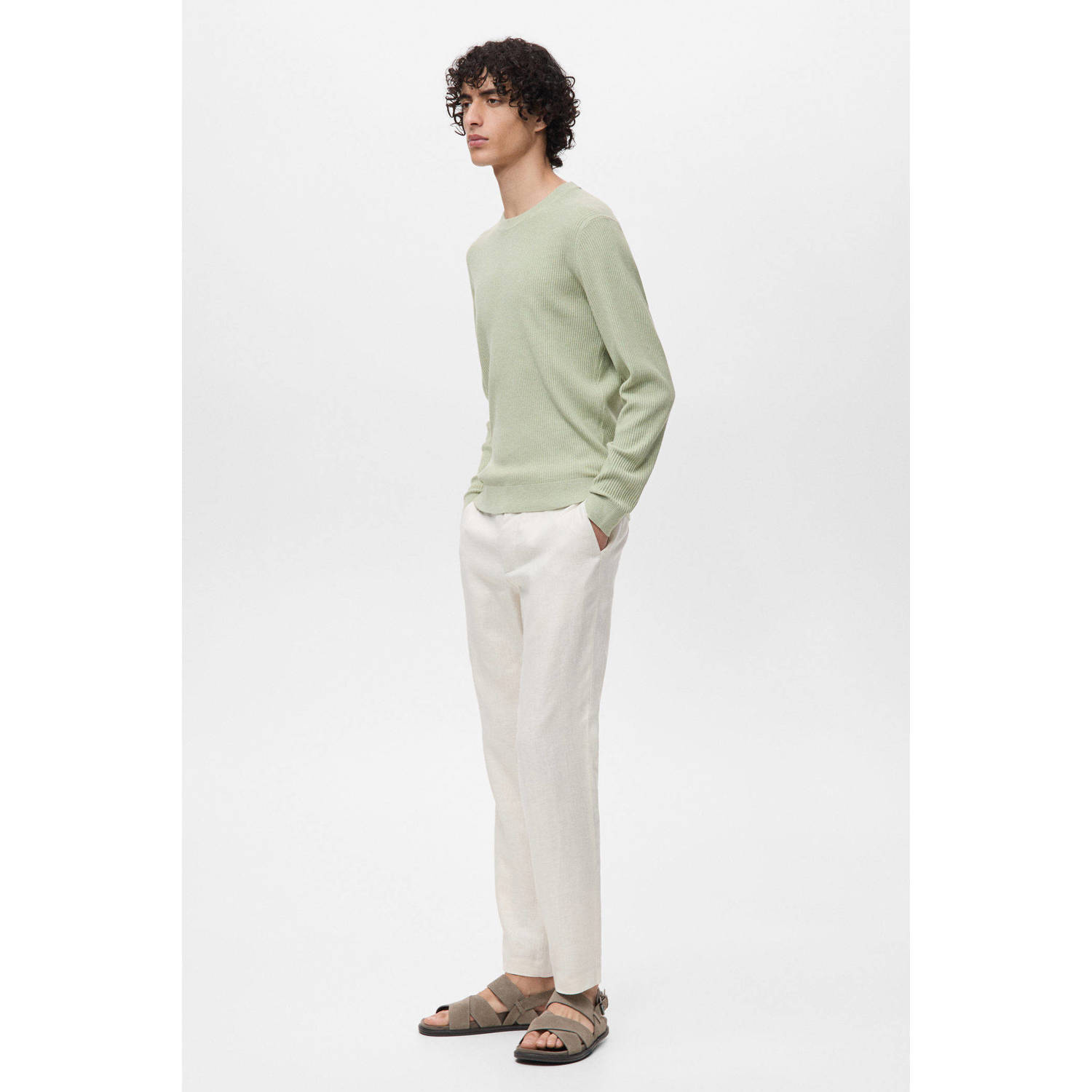 Mango Man pullover trui rib gebreid lichtgroen