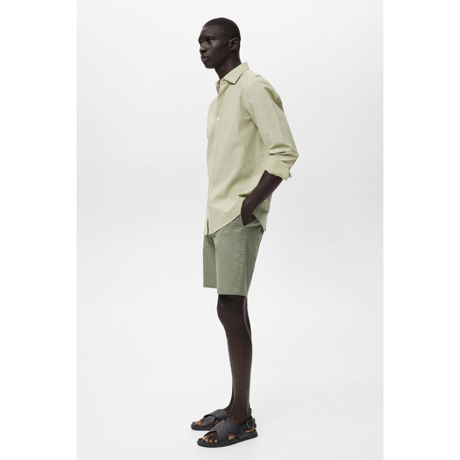 Mango Man casual overhemd met textuur lichtgroen