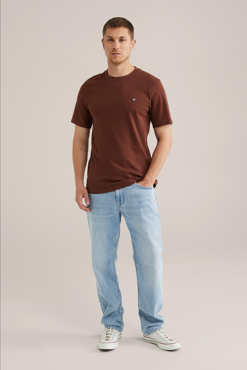 Roodbruine heren WE Fashion T-shirt bruin van katoen met effen, korte mouwen en ronde hals
