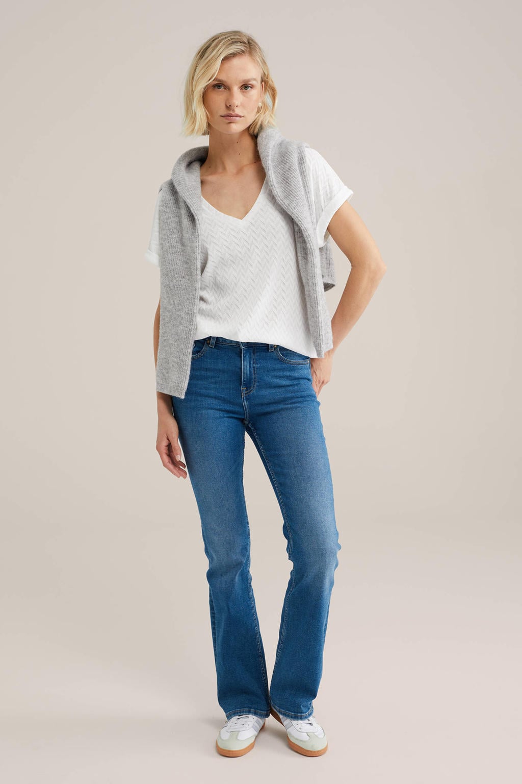 Witte dames WE Fashion top van polyester met effen, korte mouwen en V-hals