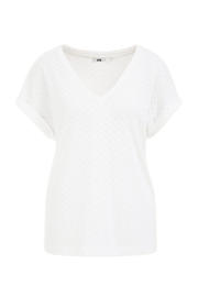 thumbnail: Witte dames WE Fashion top van polyester met effen, korte mouwen, V-hals en ingebreid patroon