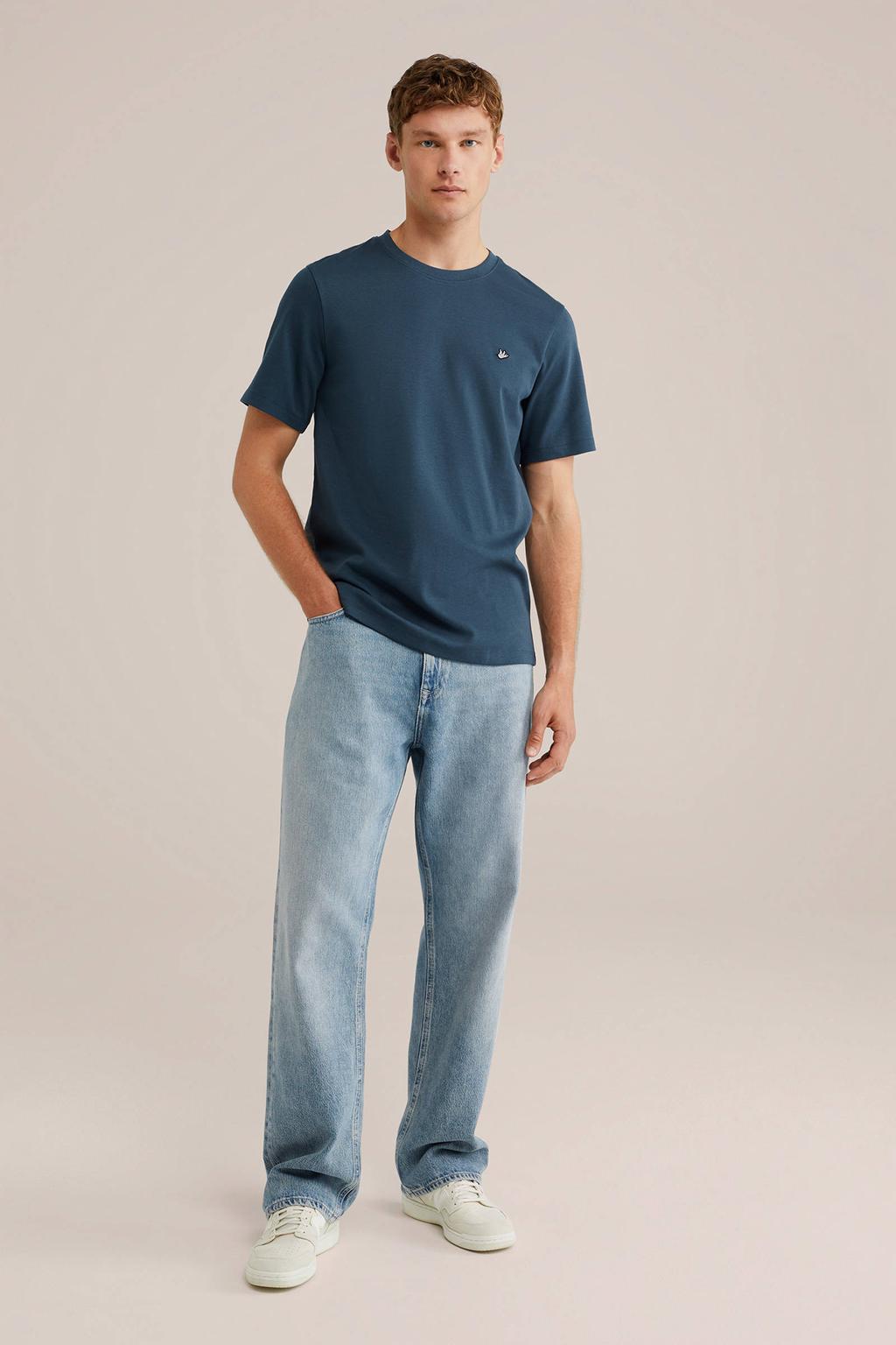 Blauwe heren WE Fashion T-shirt van katoen met effen, korte mouwen en ronde hals