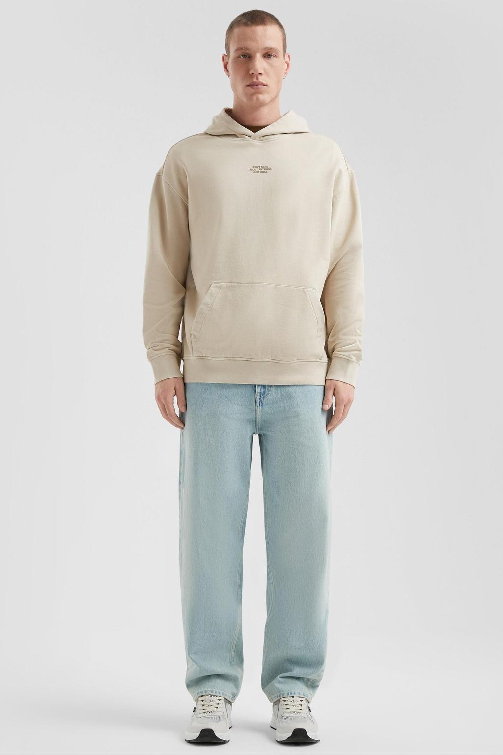 Beige heren QS hoodie van sweat materiaal met printopdruk, lange mouwen en capuchon