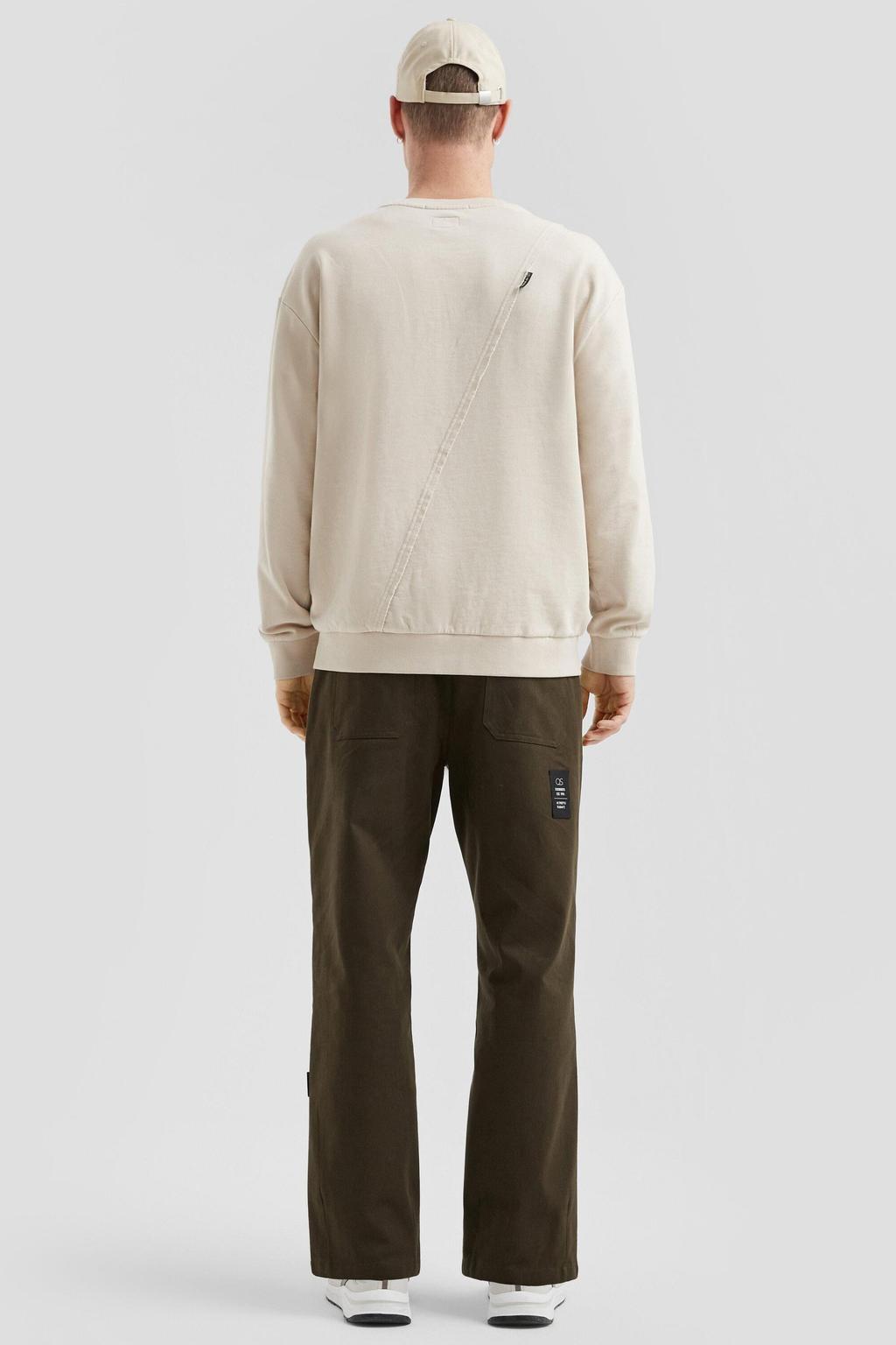 Beige heren QS sweater met effen, lange mouwen, ronde hals en geribde boorden