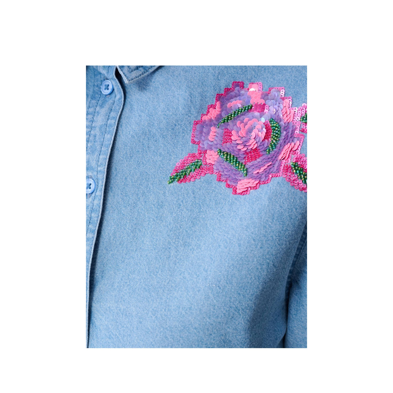 Shoeby denim blouse medium blue denim met pailletten