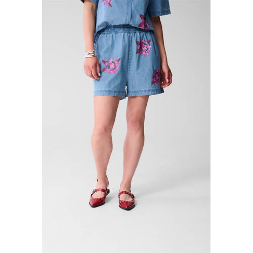 Shoeby denim wide leg high waist casual short medium blue denim met pailletten afbeelding