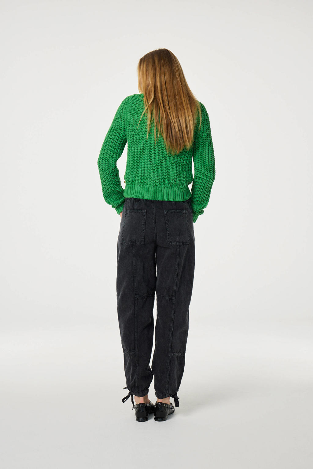 Groene dames Fabienne Chapot vest grof gebreid van katoen met effen, lange mouwen en knoopsluiting