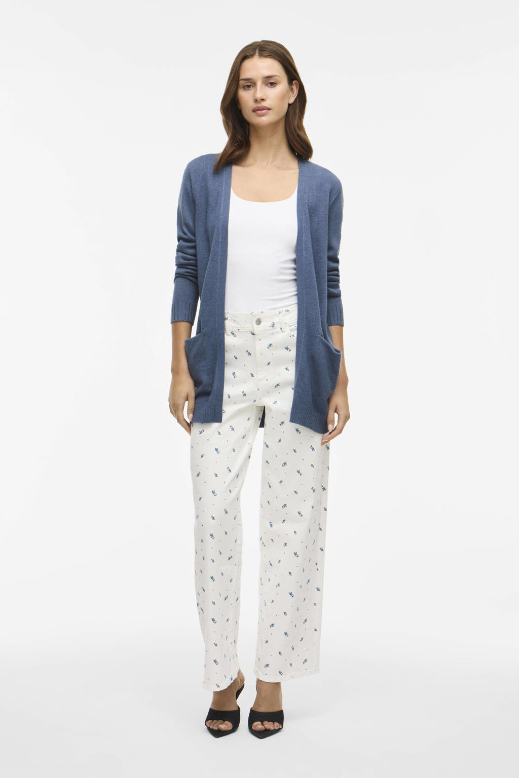 Blauwe dames VILA vest gebreid van viscose met effen, lange mouwen en openvallende hals