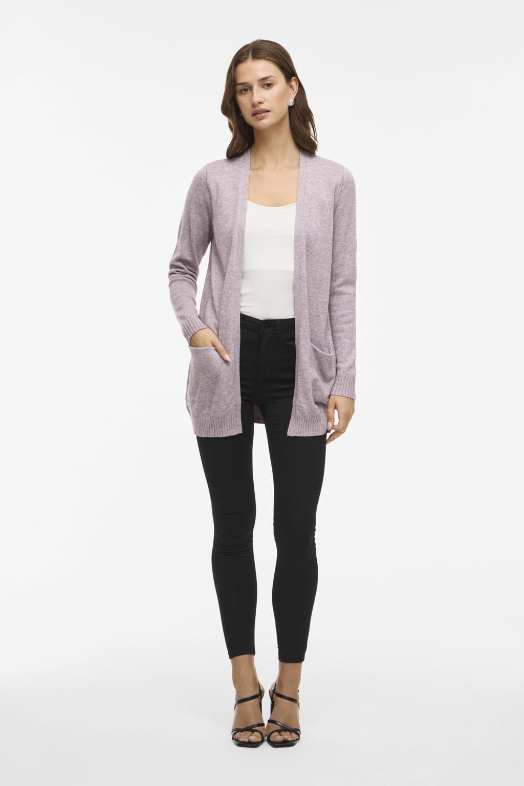 Taupe dames VILA vest gebreid van viscose met effen, lange mouwen en openvallende hals