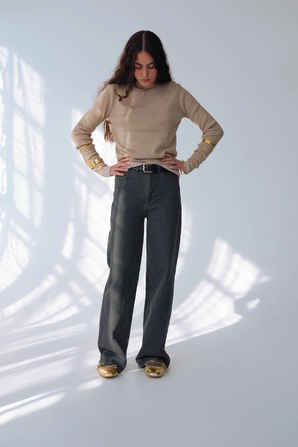 Grey denim dames VILA high waist wide leg jeans van denim met rits- en knoopsluiting en effen
