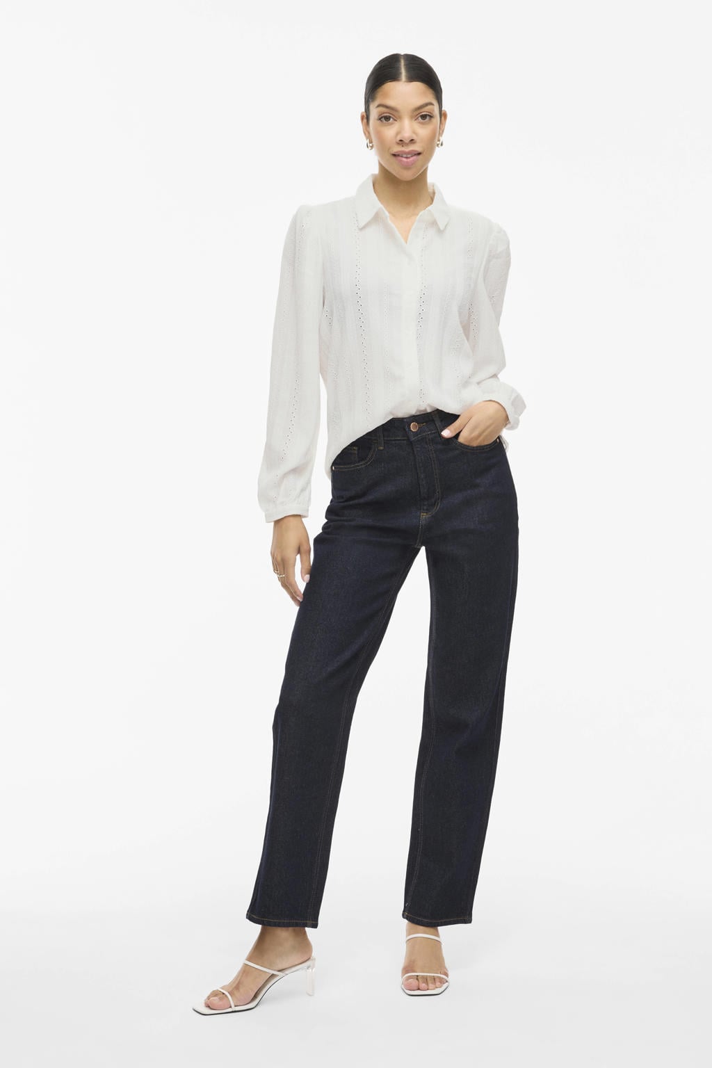 Ecru dames VILA blouse van polyester met effen, lange mouwen, klassieke kraag, knoopsluiting en textuur