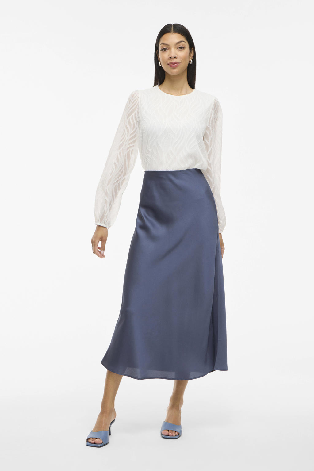 Grijsblauwe dames VILA midi rok blauw gemaakt van polyester en met elastische tailleband