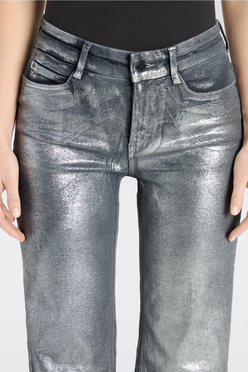Zilverkleurige dames MAC straight leg jeans van denim met rits- en knoopsluiting en effen