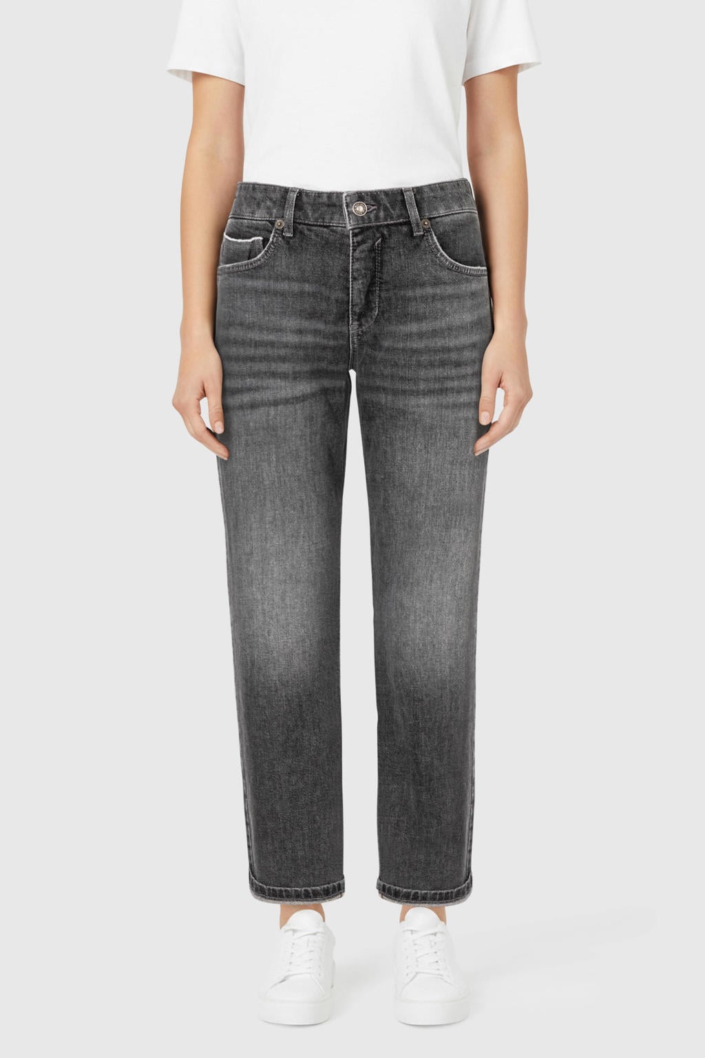 Grijze dames MAC straight leg jeans van denim met rits- en knoopsluiting en effen