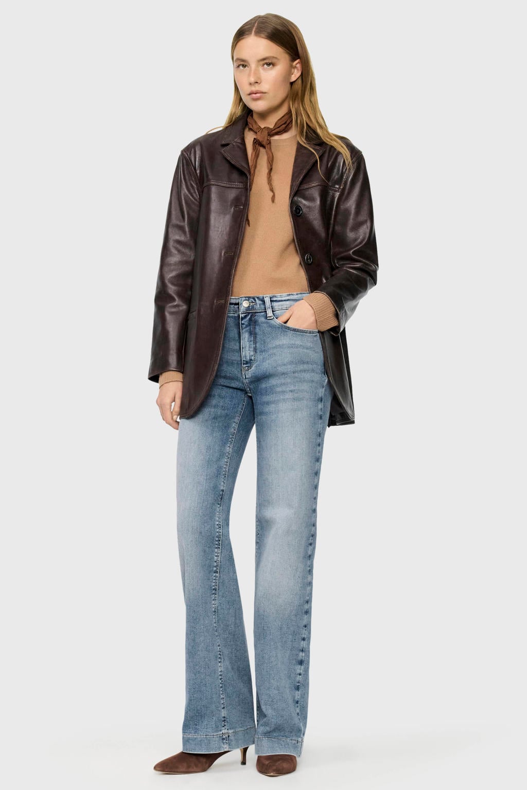 Light blue denim dames MAC wide leg jeans van denim met rits- en knoopsluiting en effen