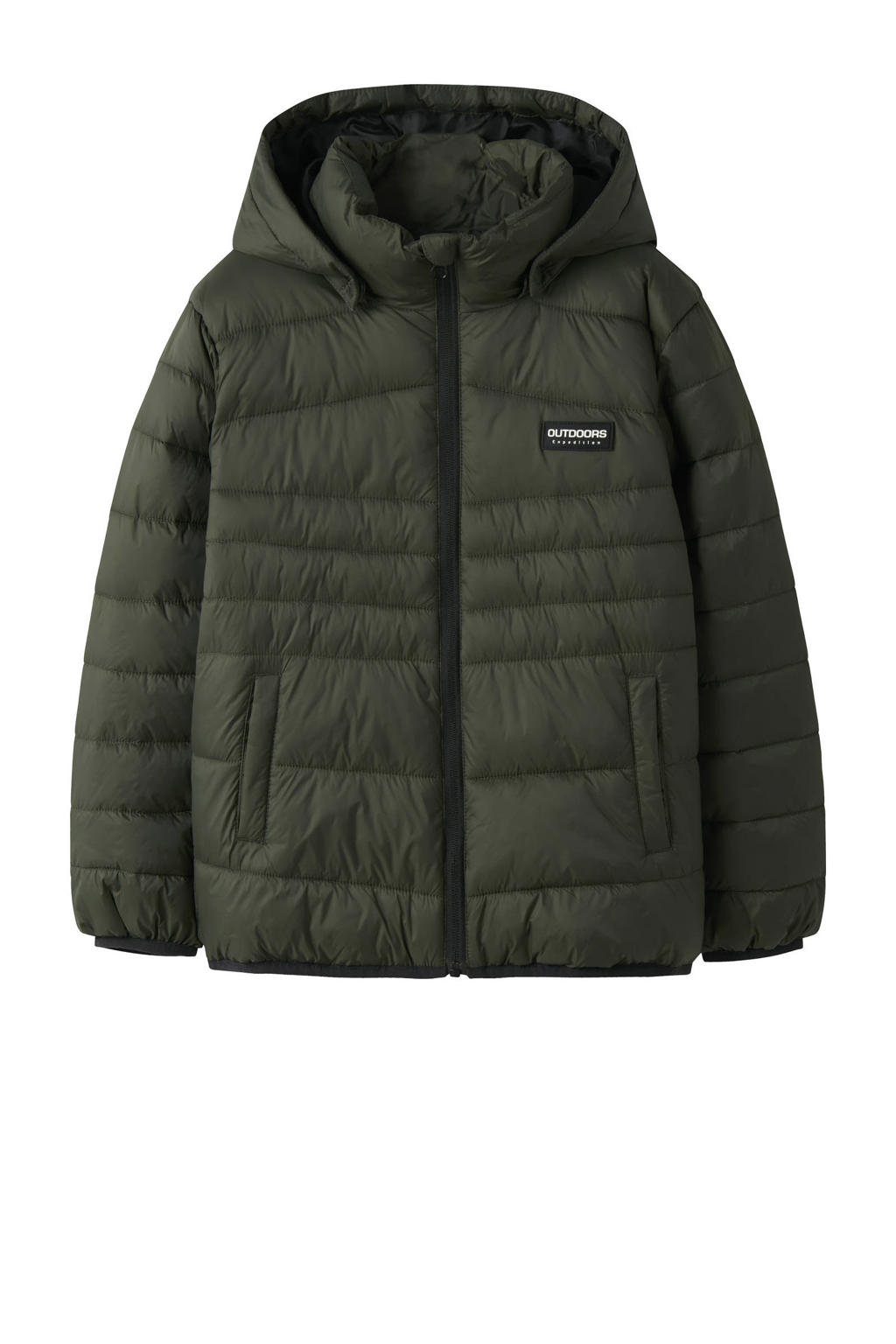Donkergroene jongens NAME IT KIDS gewatteerde jas van nylon met effen, lange mouwen, capuchon, ritssluiting en reflecterende details