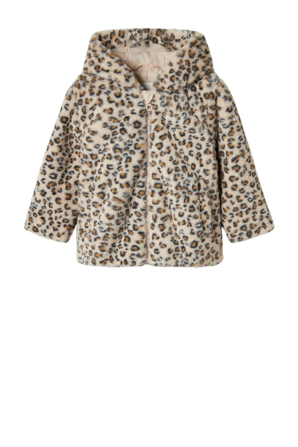 Beige en zwarte meisjes NAME IT MINI faux fur jas van imitatiebont met dierenprint, lange mouwen, capuchon en ritssluiting