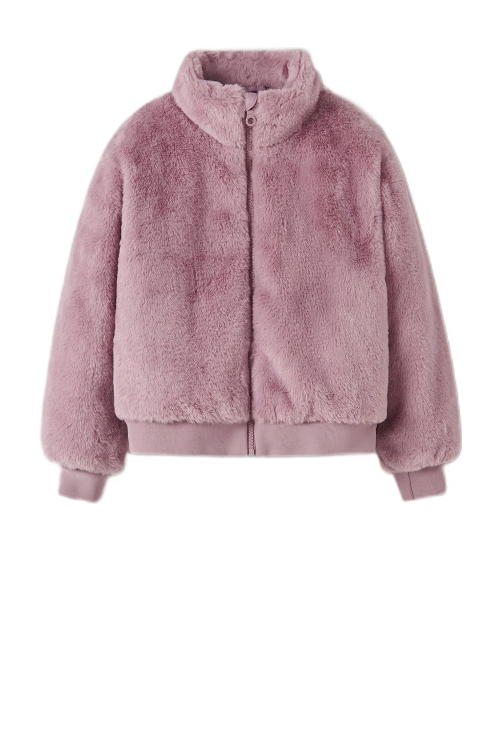 Roze meisjes NAME IT KIDS faux fur jas van imitatiebont met effen, lange mouwen, opstaande kraag, ritssluiting en geribde boorden