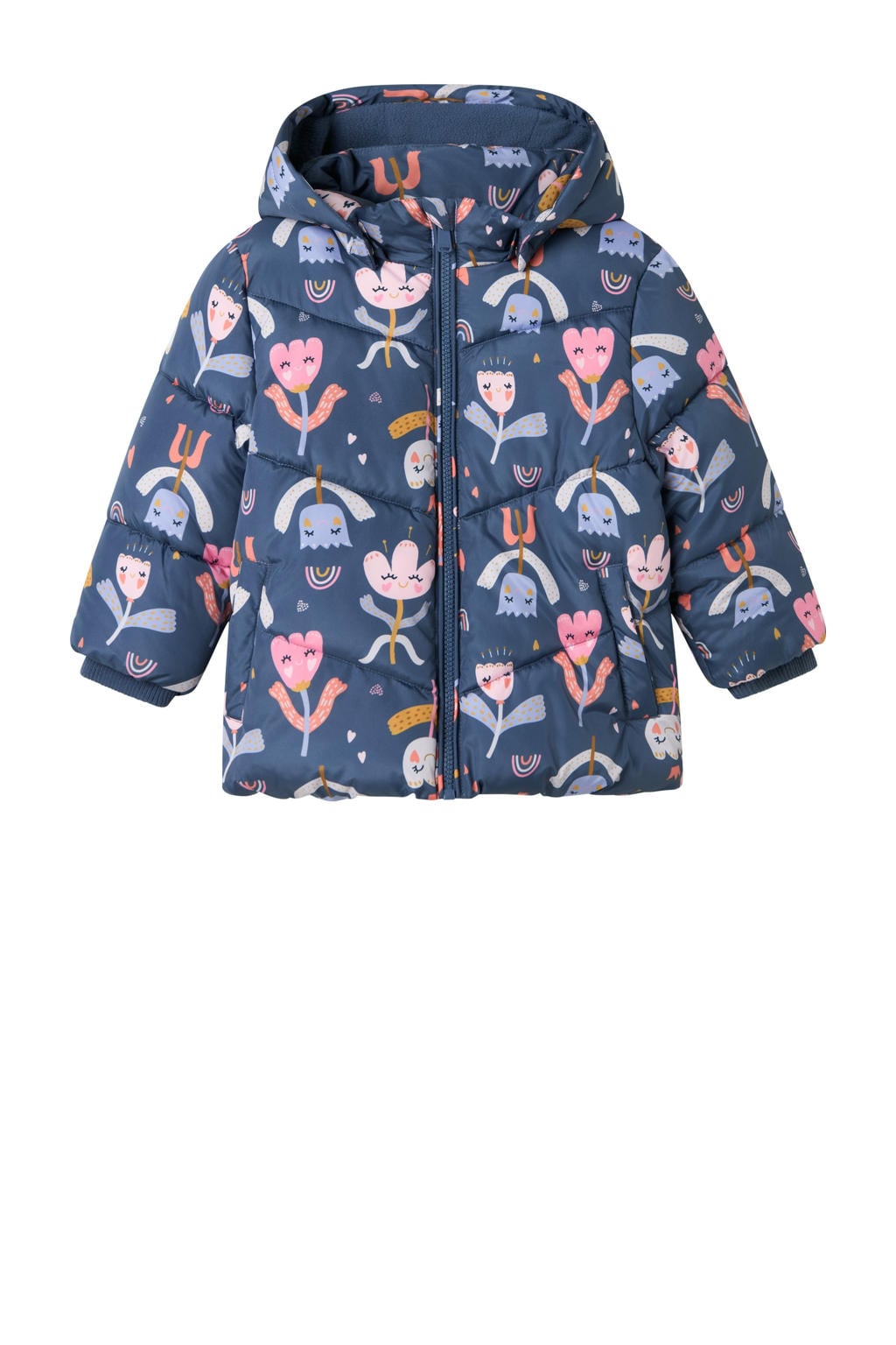 Blauw en roze meisjes NAME IT MINI gewatteerde jas van polyester met lange mouwen, capuchon, ritssluiting en reflecterende details