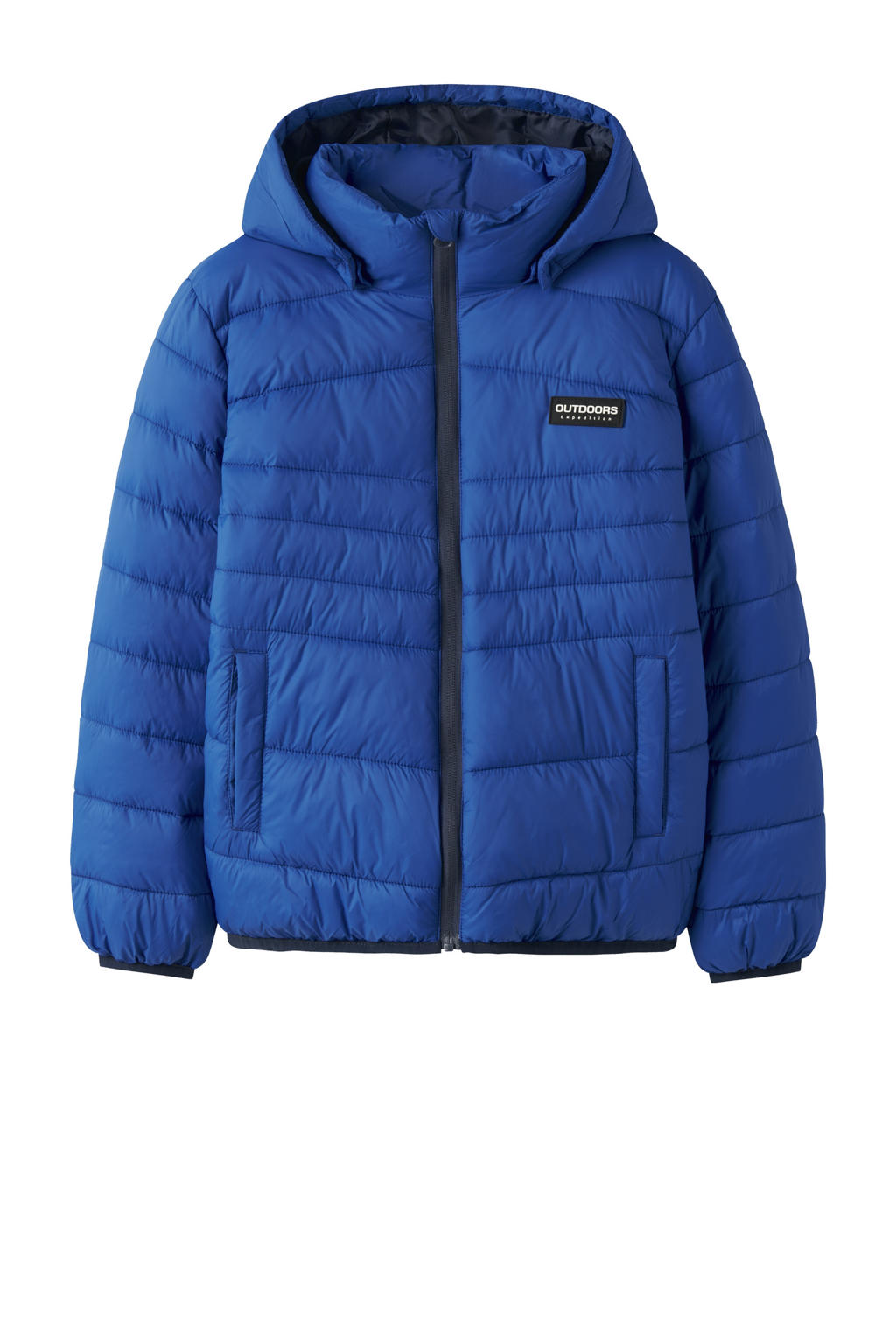 Blauwe jongens NAME IT KIDS gewatteerde jas van nylon met effen, lange mouwen, capuchon, ritssluiting en reflecterende details