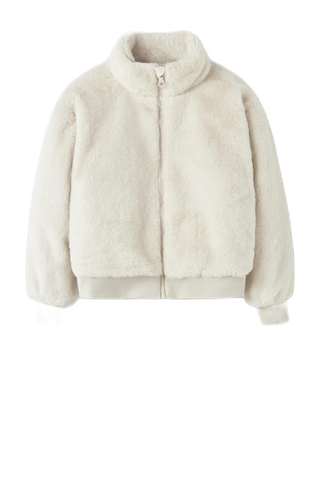 Ecru meisjes NAME IT KIDS faux fur jas van imitatiebont met effen, lange mouwen, opstaande kraag, ritssluiting en geribde boorden