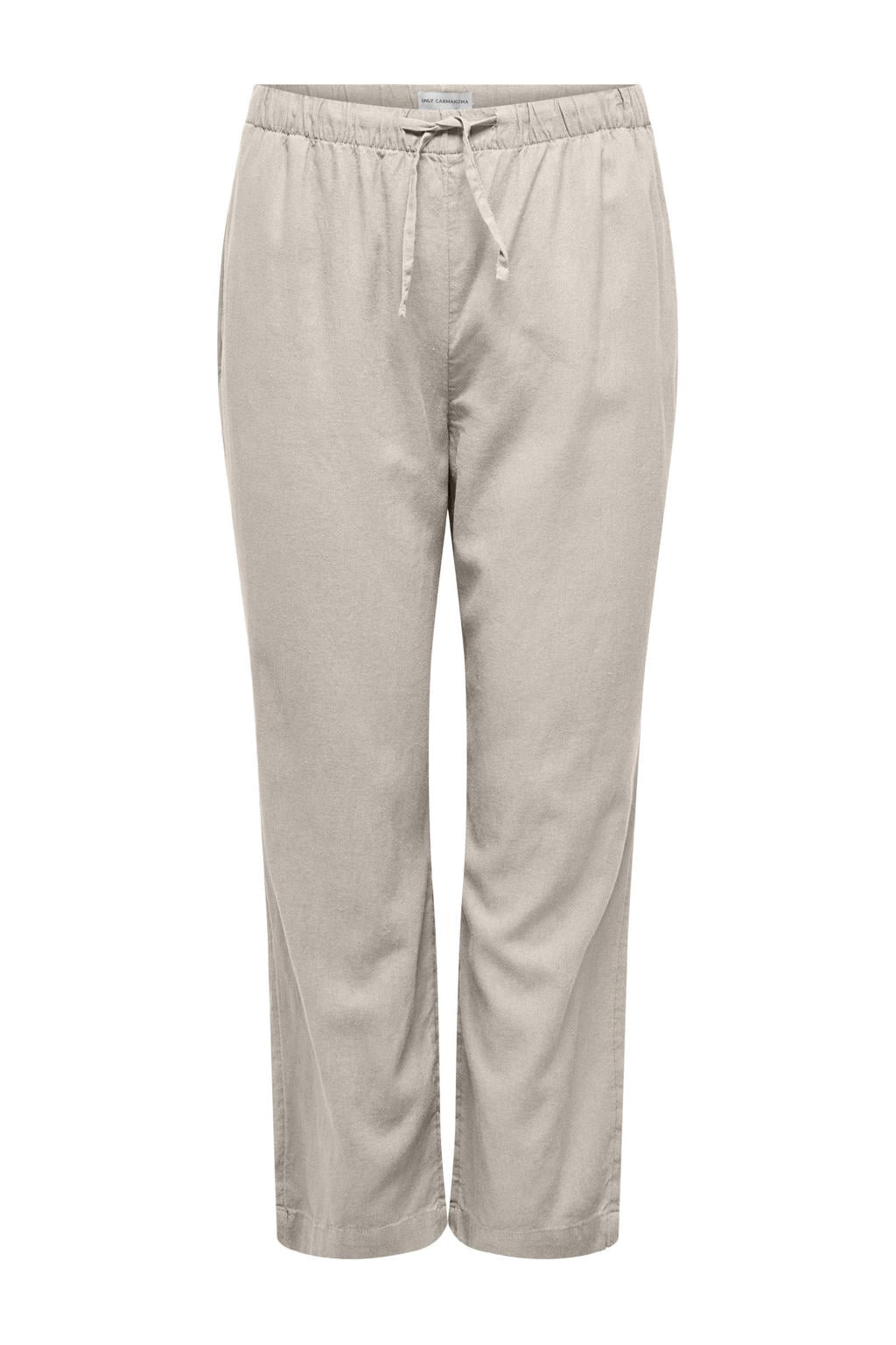 Zandkleurige dames ONLY CARMAKOMA linnen high waist straight broek met elastische tailleband met koord en effen