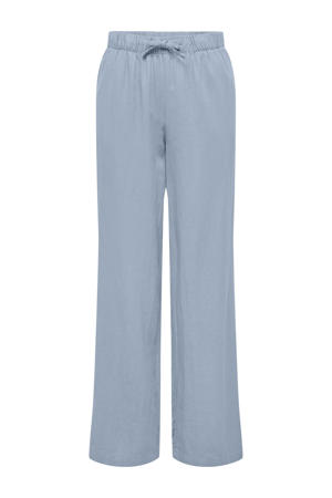 linnen high waist straight broek lichtblauw