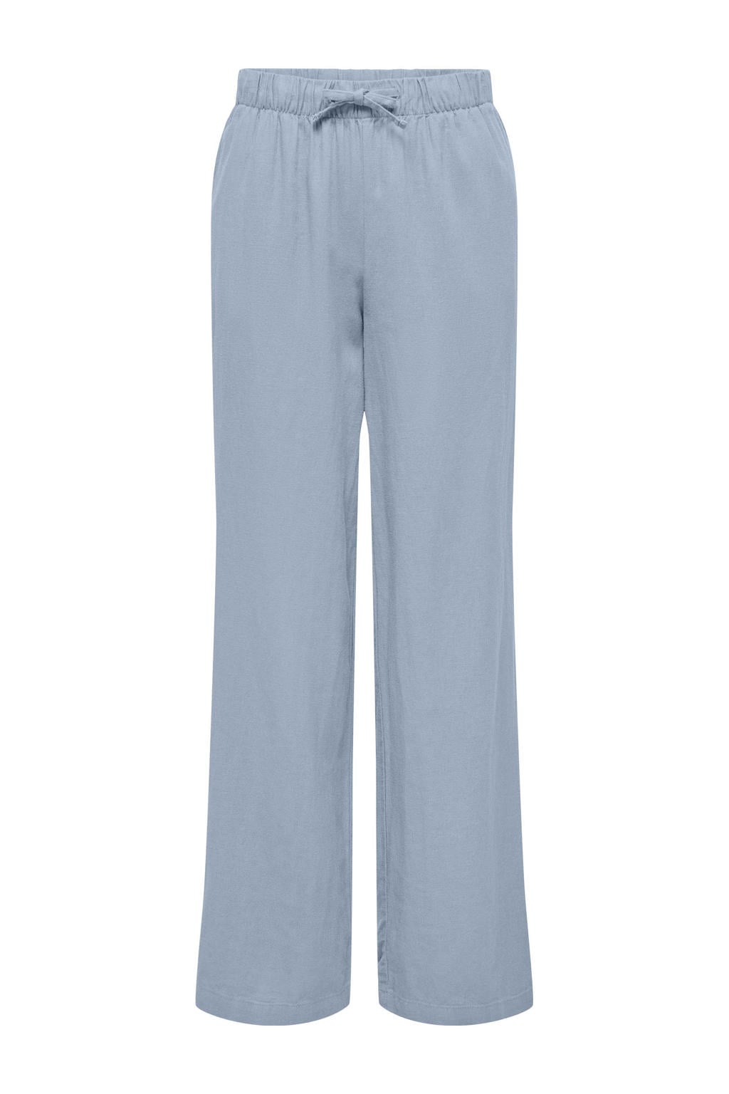 Lichtblauwe dames ONLY CARMAKOMA linnen high waist straight broek met elastische tailleband met koord en effen