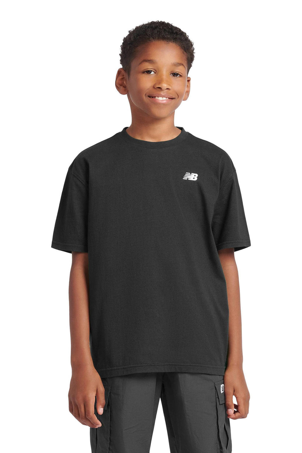 Zwart en witte jongens en meisjes New Balance T-shirt van katoen met effen, korte mouwen en ronde hals