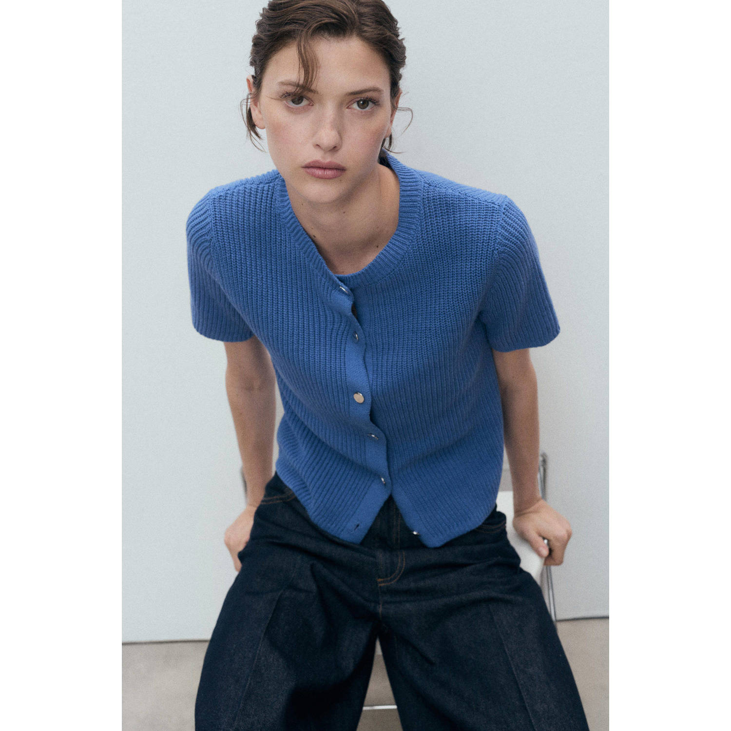 Mango vest gebreid blauw