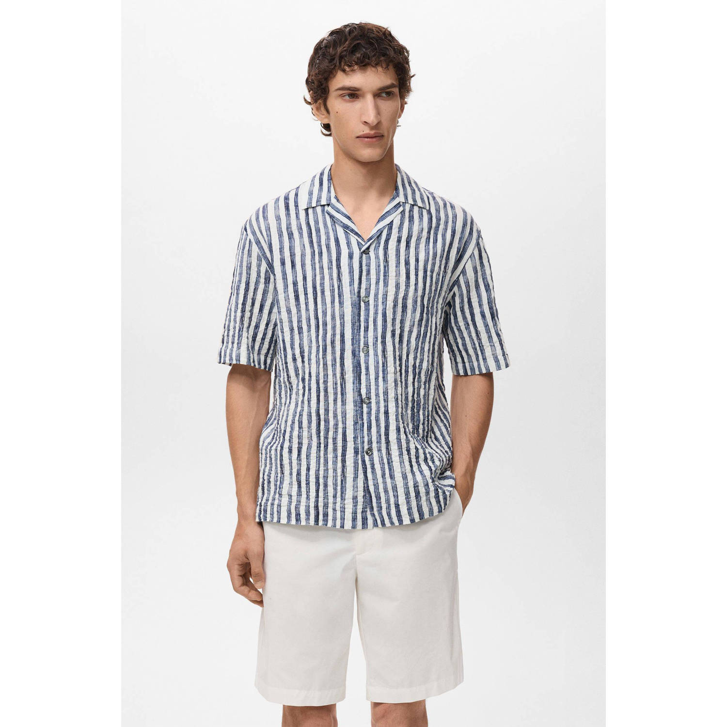 Mango Man casual overhemd met textuur blauw