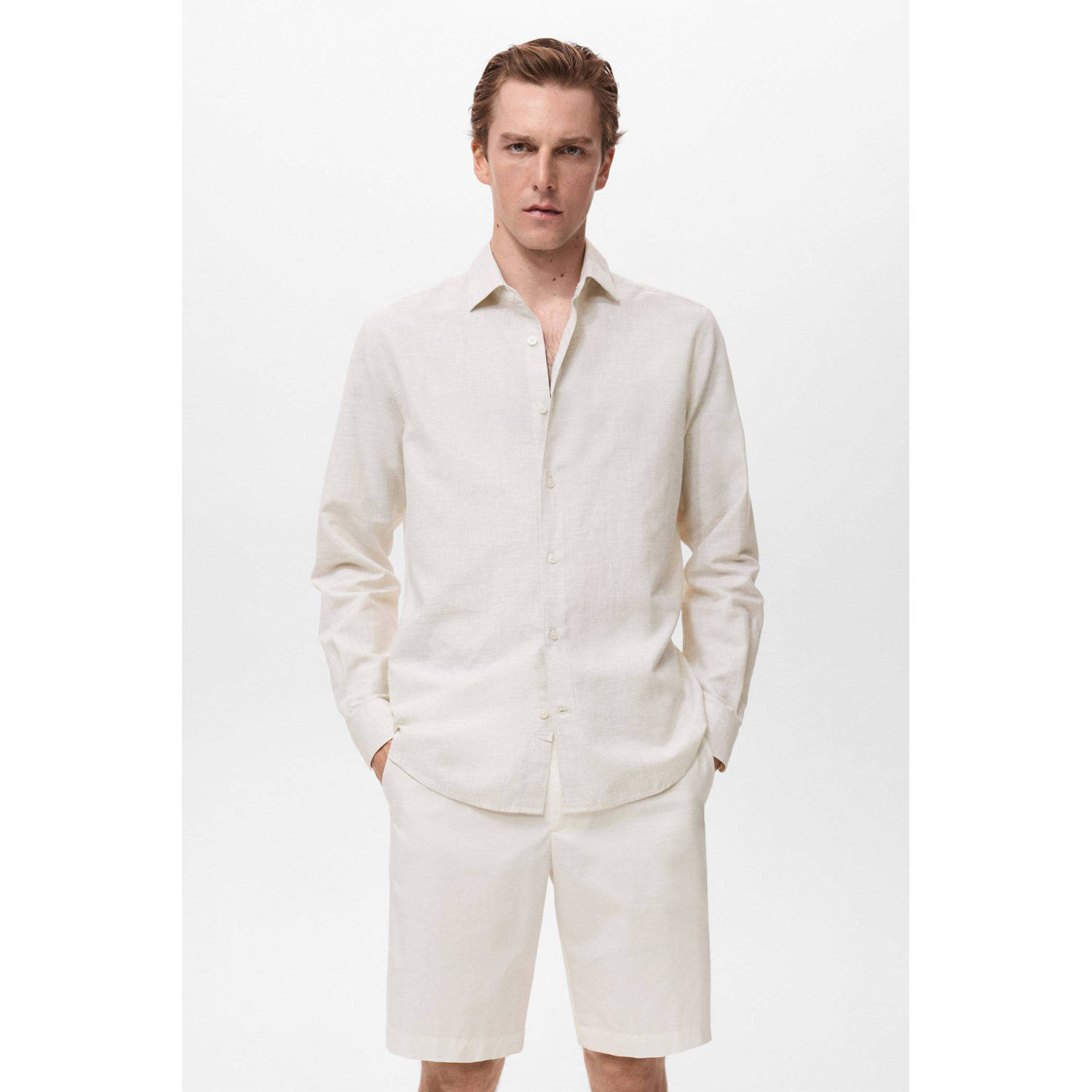 Mango Man linnen casual overhemd ecru