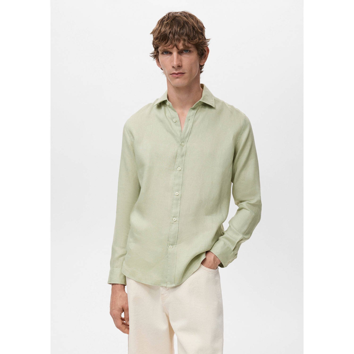 Mango Man linnen casual overhemd lichtgroen