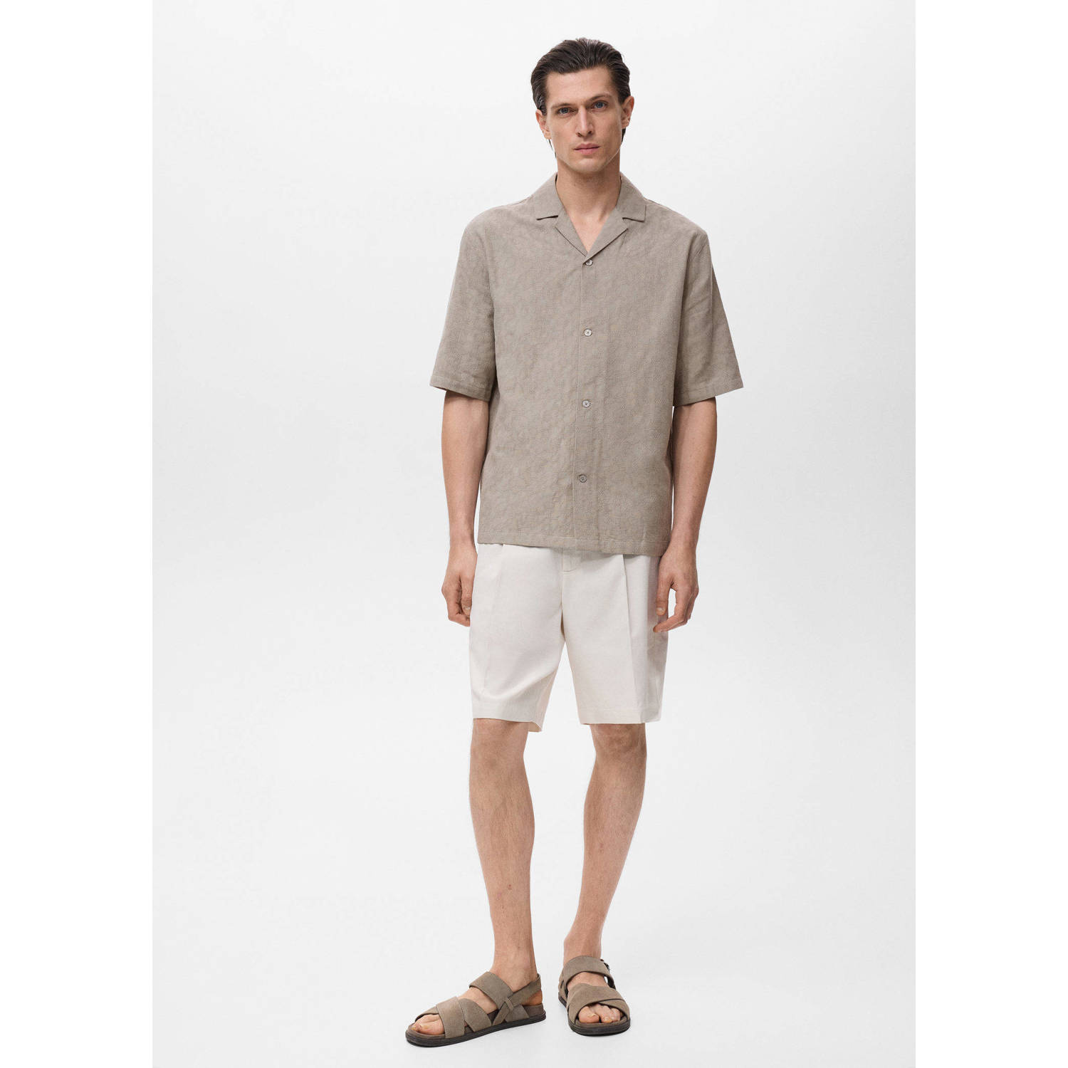 Mango Man casual overhemd met textuur kaki