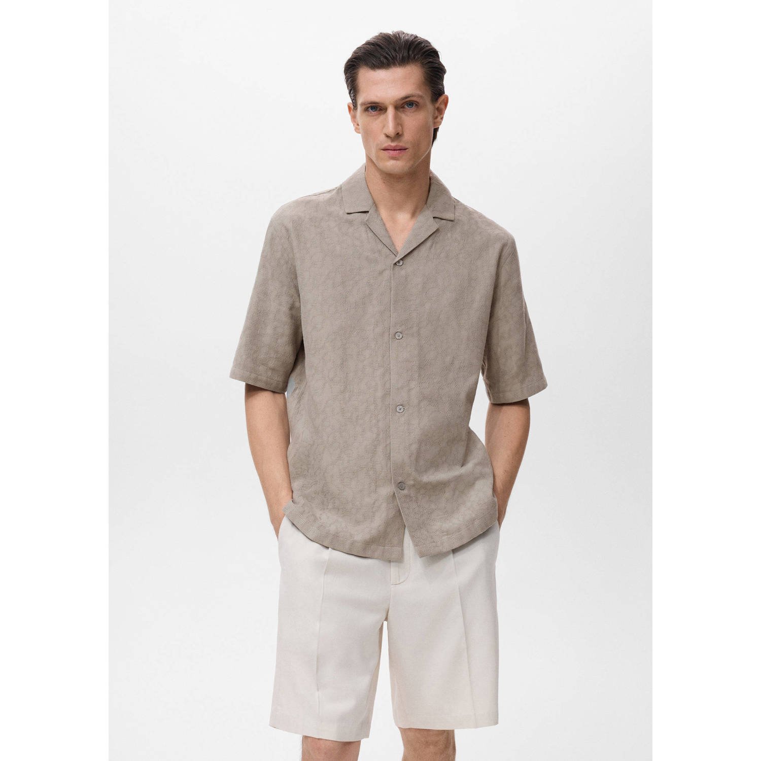 Mango Man casual overhemd met textuur kaki